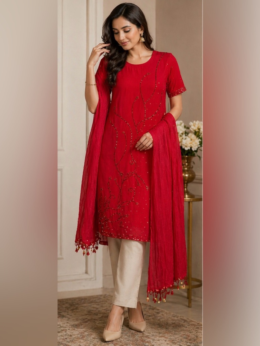 Red Embellished Women's Tunic Top with Dupatta